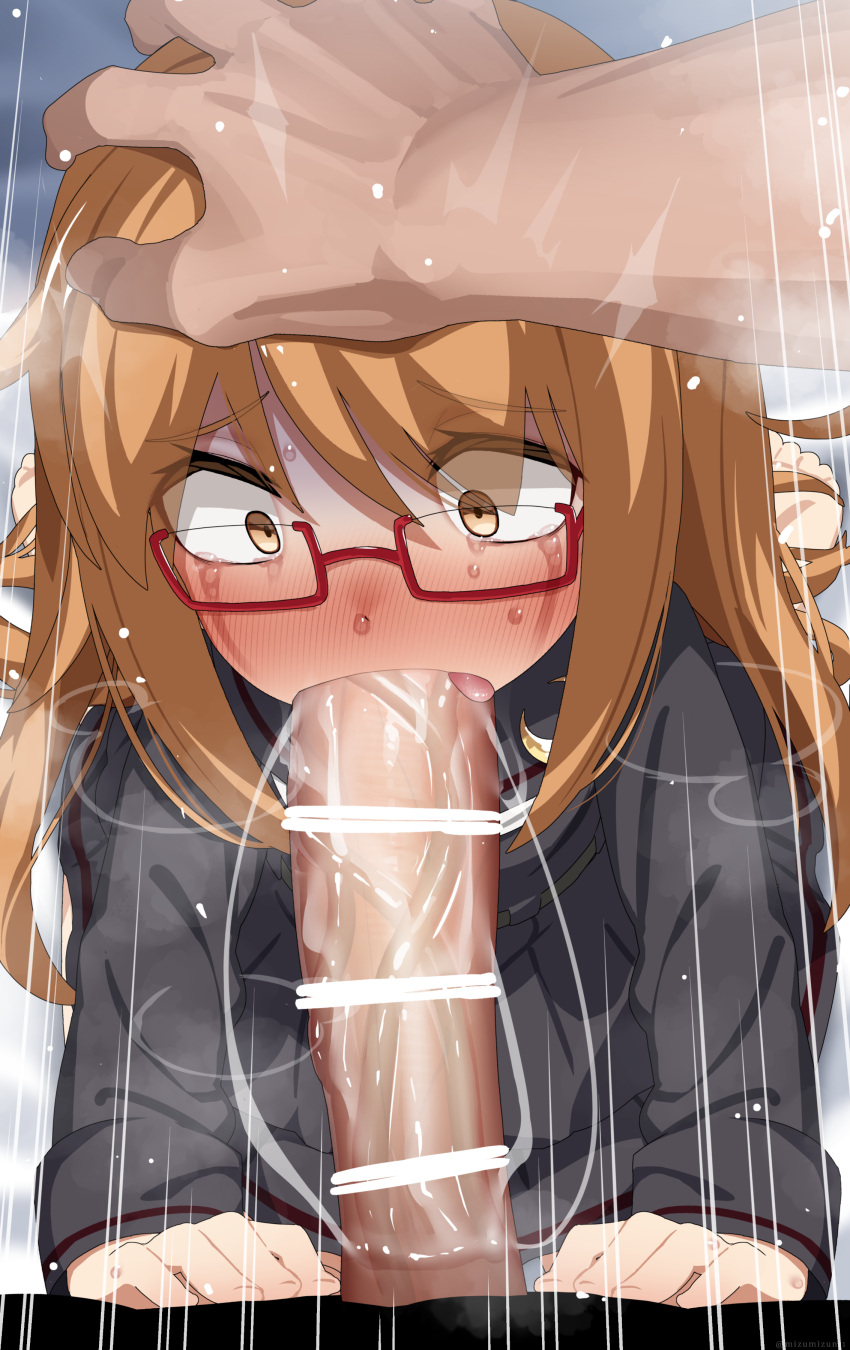 1boy absurdres bar_censor blush censored erection fellatio female glasses hand_on_head highres kantai_collection large_penis long_sleeves looking_at_viewer mizumizuni mochizuki_(kantai_collection) oral orange_hair penis pov rape red-framed_eyewear sailor_collar saliva straight sweat veins veiny_penis