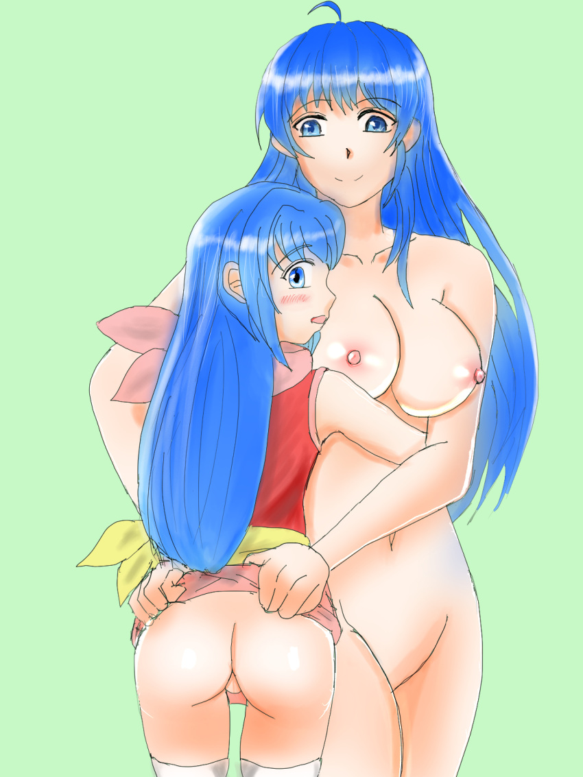 2girls ass big_ass blue_eyes blue_hair breasts caeda_(fire_emblem) caeda_(princess_of_talys)_(fire_emblem) completely_nude dual_persona female female_only fire_emblem fire_emblem:_mystery_of_the_emblem fire_emblem:_shadow_dragon_and_the_blade_of_light fire_emblem_heroes hisashiro large_breasts lifted_by_another long_hair multiple_girls multiple_persona nintendo nipples pussy skirt_lift smile