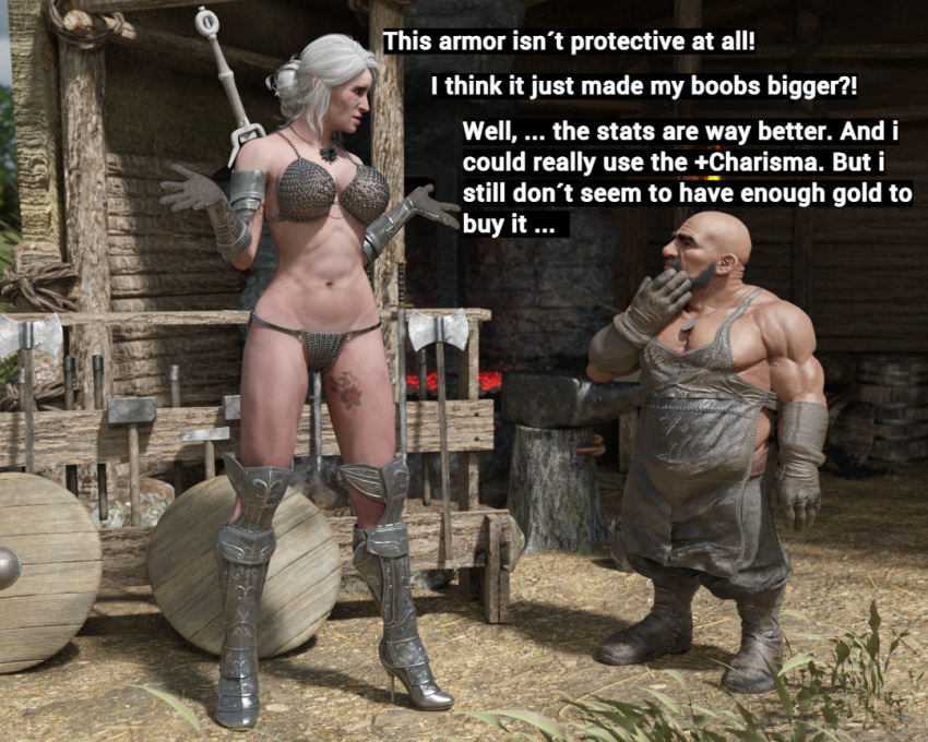 3d 3d_(artwork) armor athletic_female big_breasts bikini bikini_armor blonde_female bra breasts cd_projekt_red ciri daz3d daz_studio dialogue dwarf english_text fantasy female high_heels pin3d tattoo the_witcher_(series) the_witcher_3:_wild_hunt useless_armor