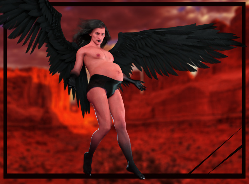 1boy 1male androgynous angel angel_wings belly belly_button black_feet black_hair black_hands black_lipstick black_silk black_wings dark_hair demon demon_humanoid developing_breasts devil fair_skin fallen_angel fantasy feathered_wings feathers growing_breasts hell kybilion long_black_hair long_hair male male_nipples male_only male_pregnancy mammal mpreg outie_navel pregnancy pregnant pregnant_belly pregnant_male underwear yellow_eyes