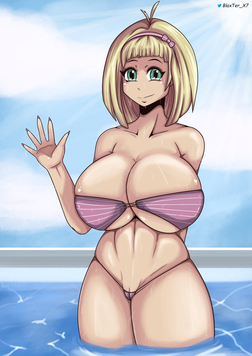 ao_no_exorcist big_breasts bikini blaxter blonde_female blonde_hair green_eyes huge_breasts moriyama_shiemi partially_clothed partially_visible_genitals pussy short_hair