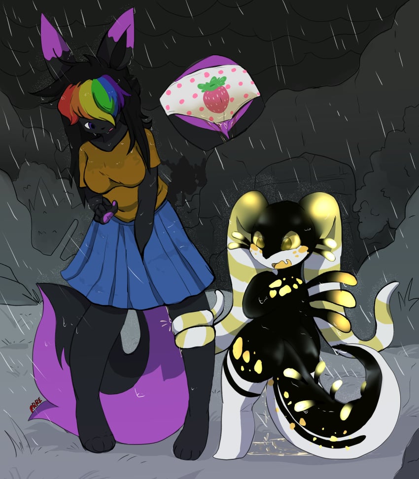 absurd_res alternate_color anthro bodily_fluids bottomwear clothed clothing covering covering_self digital_media_(artwork) duo eevee fan_character female fully_clothed fur genital_fluids hair hi_res mammal multicolored_hair nintendo nude open_mouth peeing pokémon_(species) pokemon rain_world raining raven_eevee raveneevee shirt simple_background skirt slugcat smile standing topwear underwear urine urine_on_ground urine_pool urine_stream video_games watersports wetting