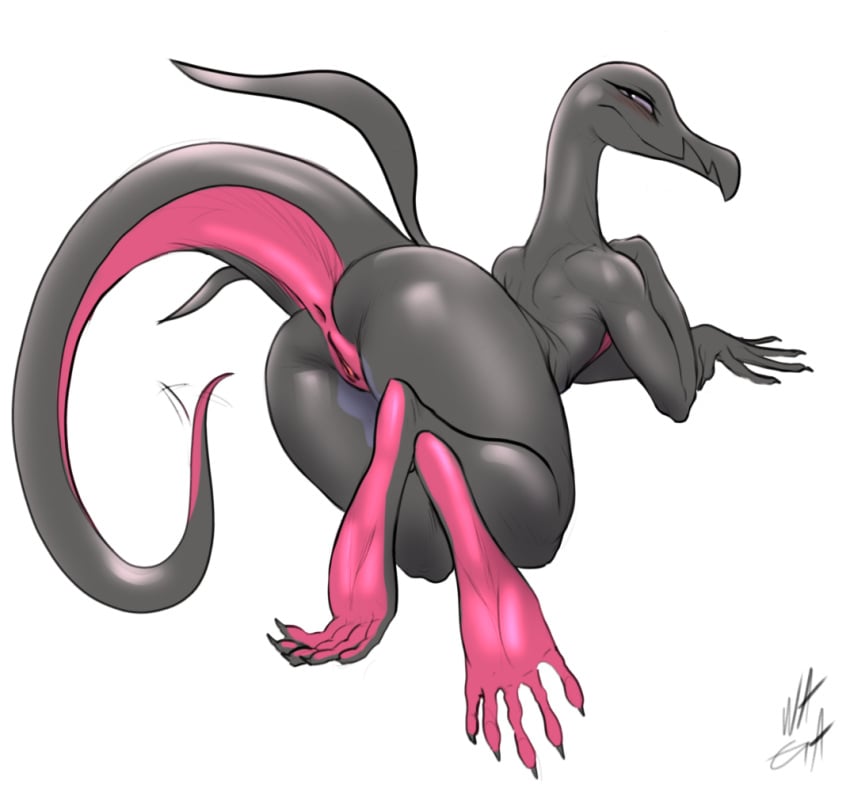 2019 5_toes all_fours anthro anus ass black_body feet female genitals looking_at_viewer looking_back looking_back_at_viewer nintendo nude nude_anthro nude_female pokémon_(species) pokemon pokemon_(species) presenting presenting_hindquarters pussy salazzle scalie simple_background soles solo toes video_games w4g4 white_background