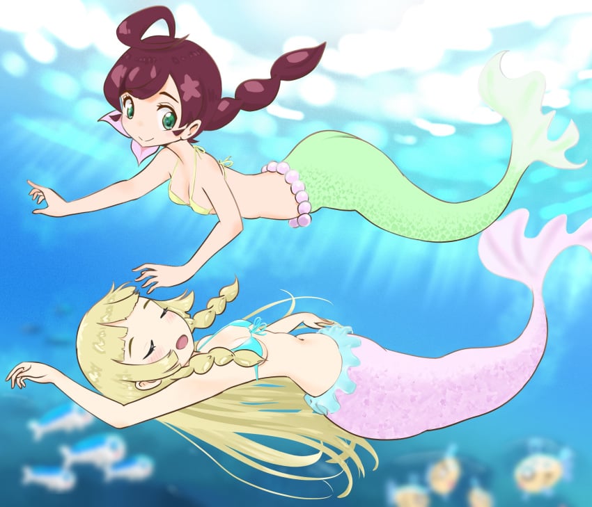 2girls blonde_female blonde_hair blush bra braided_ponytail breasts chloe_(pokemon) closed_eyes feebas female female_only game_freak green_eyes green_tail hair jpeg lillie_(pokemon) long_blonde_hair long_hair maroon_hair mermaid microsd_(artist) monster_girl multiple_girls navel nintendo ocean open_mouth pink_tail pokemon pokemon_(anime) pokemon_journeys pokemon_sm ponytail small_breasts smile submerged swimming tail underwater water wishiwashi yowashi