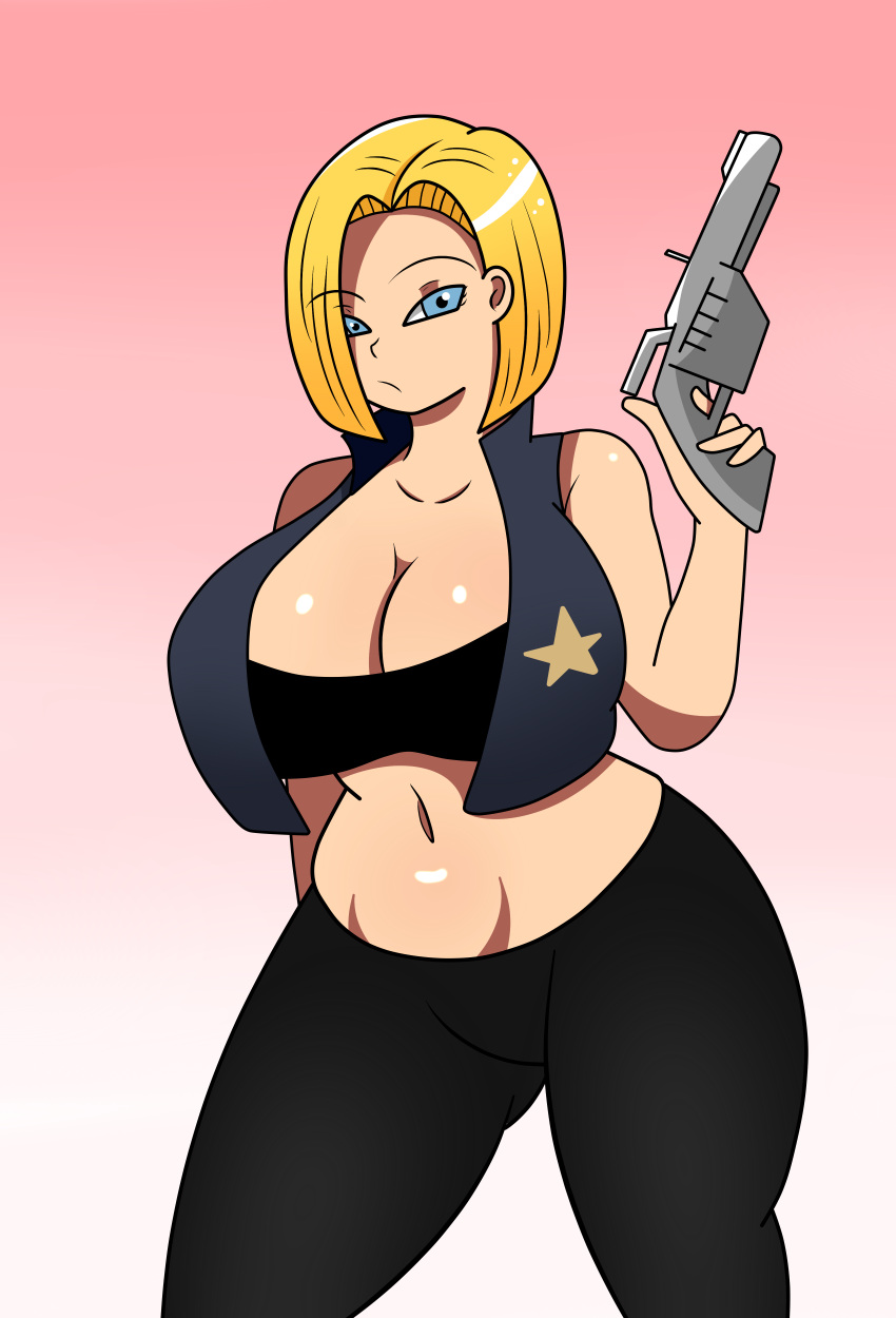 1girls android_18 angry big_breasts blonde_female blonde_hair blue_eyes clothed cowboy cowgirl cowgirl_(disambiguation) curvy curvy_body curvy_female curvy_figure dragon_ball dragon_ball_super dragon_ball_z female female_only gun huge_breasts maymayumi2 sheriff shounen_jump simple_background star