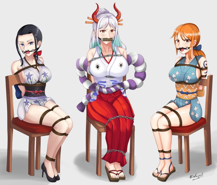 3girls big_breasts bit_gag bondage chained chair_bondage female female_only fully_clothed gag gradient_hair nami nico_robin onami one_piece orobi post-timeskip ring_gag rope_bondage source_request sufawest yamato_(one_piece)