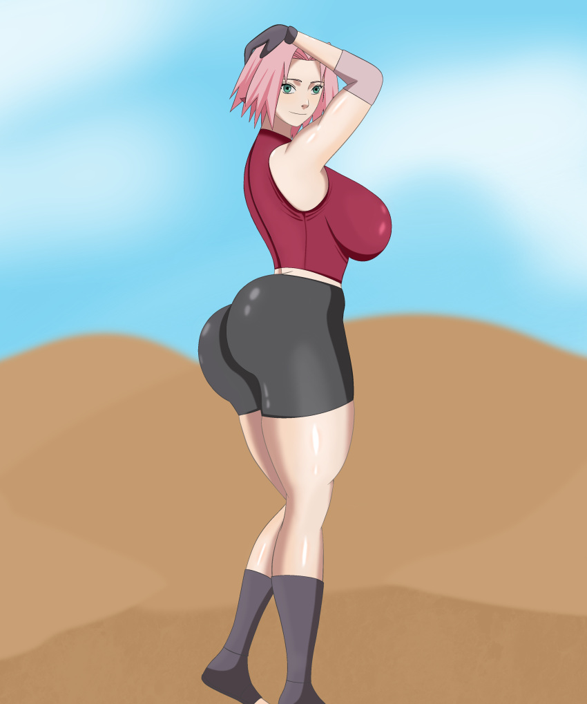 1girls bare_arms bare_legs bare_midriff bare_shoulders bare_thighs barefoot big_ass big_breasts big_butt cloudy_sky curvaceous curvy curvy_figure desert fat_ass_teen feet_out_of_frame full_body fully_clothed green_eyes huge_ass huge_breasts huge_butt kunoichi large_ass large_breasts large_butt marshalperv midriff naruto naruto_(series) naruto_shippuden navel ninja pink_hair sakura_haruno sand shounen_jump skimpy standing teenager voluptuous