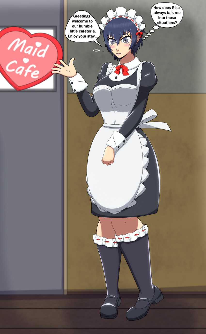 apron blue_eyes blue_hair breasts cafe english_text female justdrawingjake large_breasts maid maid_apron maid_cafe maid_headdress maid_uniform persona persona_4 shirogane_naoto short_hair standing text text_bubble