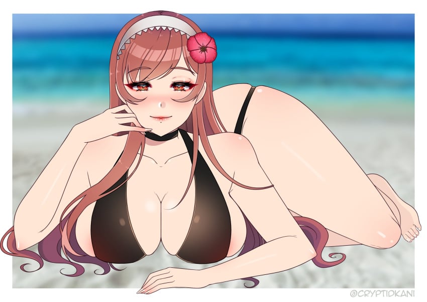 1girls alternate_costume ass asymmetrical_bangs bare_legs barefoot big_ass bikini black_bikini black_swimsuit breasts cherche_(fire_emblem) cleavage cryptid_crab female female_only fire_emblem fire_emblem_awakening flower hair_flower large_breasts legs long_hair looking_at_viewer nintendo ocean outdoors red_eyes red_hair sideboob skindentation smile solo swimsuit the_pose