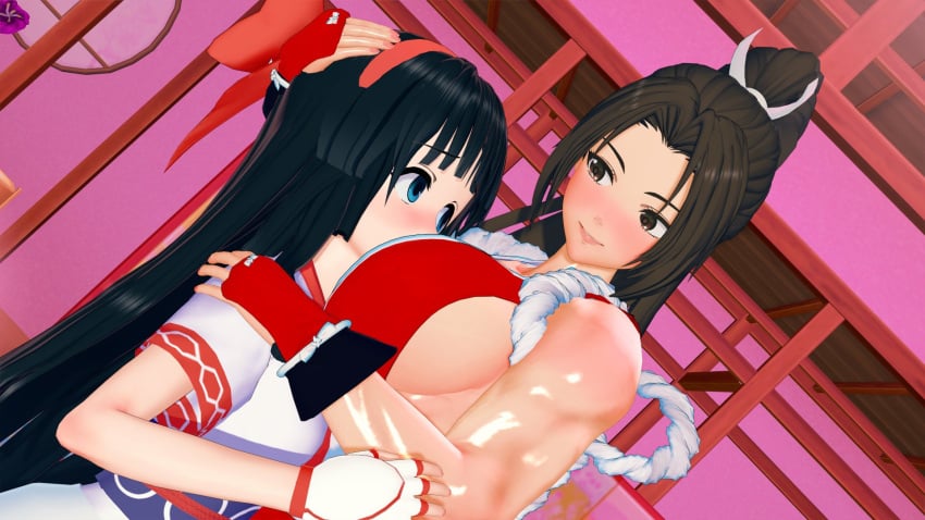 2girls 3d ainu_clothes between_breasts big_breasts black_hair blue_eyes blush breast_pillow breasts brown_eyes brown_hair busty company_connection crossover fatal_fury female female_only fingerless_gloves gloves hair_ribbon height_difference highres hug king_of_fighters large_breasts long_hair mai_shiranui multiple_girls nakoruru ribbon samurai_shodown sideboob smile snk