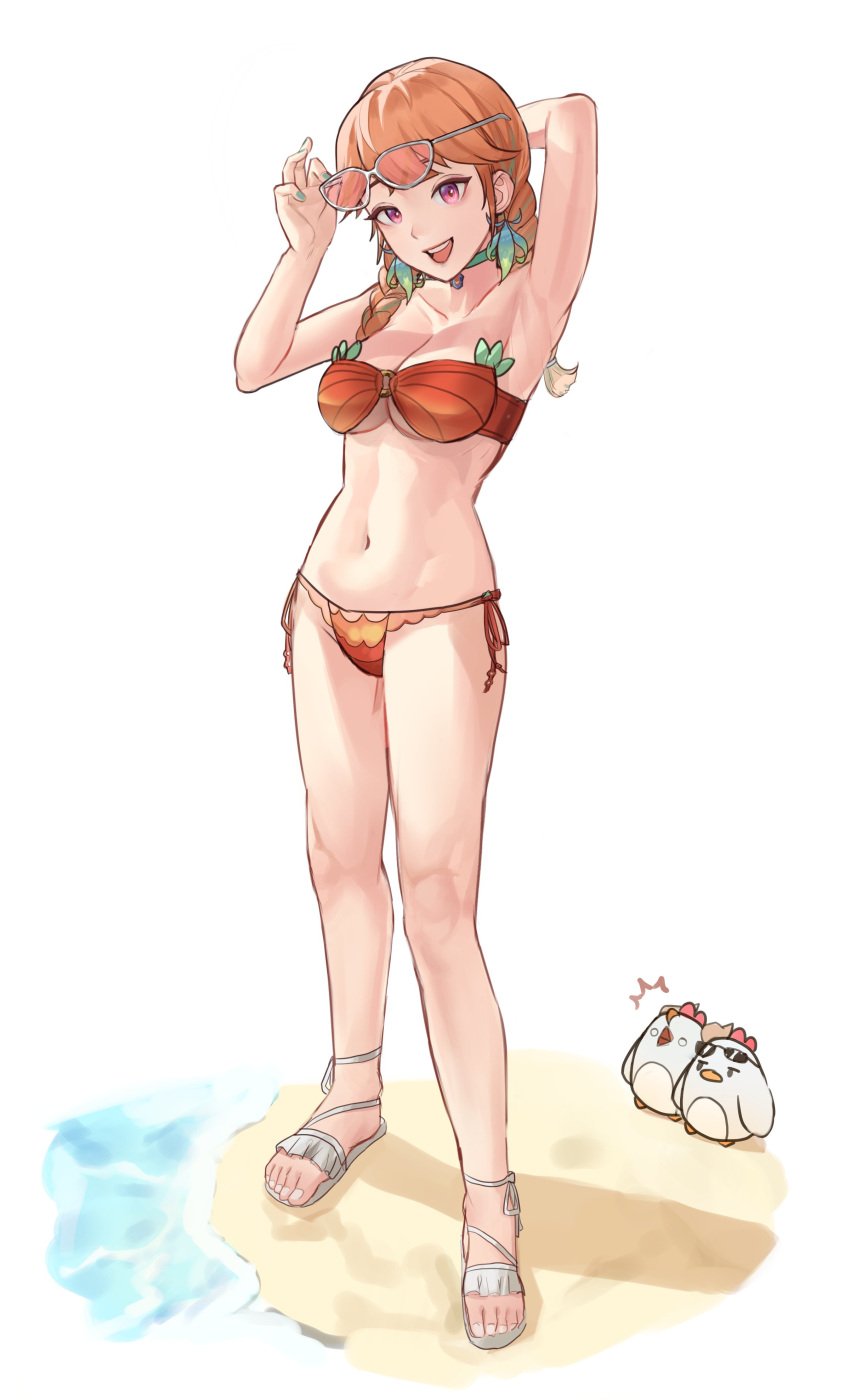 :0 armpits beach female female_focus green_nails hand_behind_head hololive hololive_english hololive_myth kfp_(takanashi_kiara) long_hair medium_breasts pink_eyes red_hair sandals sunglasses_on_head swimsuit takanashi_kiara tanukidraws thighs two_tone_hair virtual_youtuber