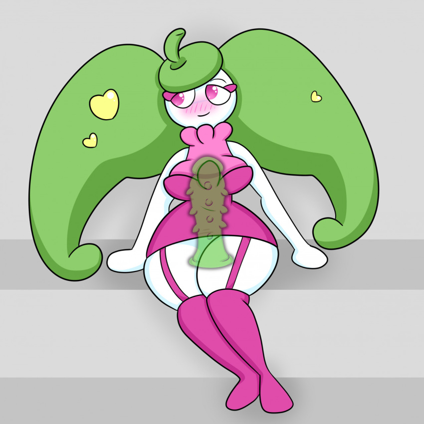 anthro big_breasts big_dildo blush breasts clothing curvy_figure deep_penetration dildo dildo_insertion dildo_sitting dress elemental_creature exceldamage eyelashes female flora_fauna garter_straps genitals green_hair hair hi_res hourglass_figure internal large_insertion looking_aside nintendo penetration penile_spines penis pink_eyes plant pokémon_(species) pokemon pokemon_only pseudo_hair sex_toy sex_toy_insertion solo steenee thick_thighs turtleneck twintails video_games white_body wide_hips