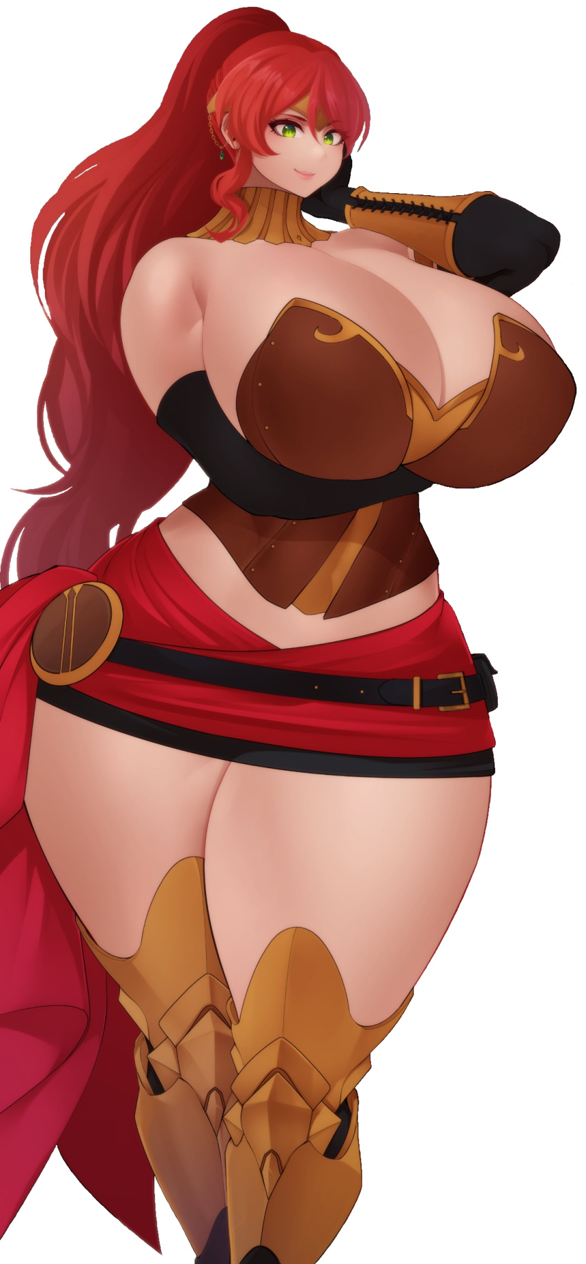 armor armored_boots ass big_ass big_breasts big_butt black_gloves breasts female female_focus female_only gigantic_breasts green_eyes high_ponytail hourglass_figure huge_ass huge_breasts human light-skinned_female light_skin long_hair nachocobana ponytail pyrrha_nikos red_hair rwby sidelocks tall thick_thighs thighs thunder_thighs voluptuous