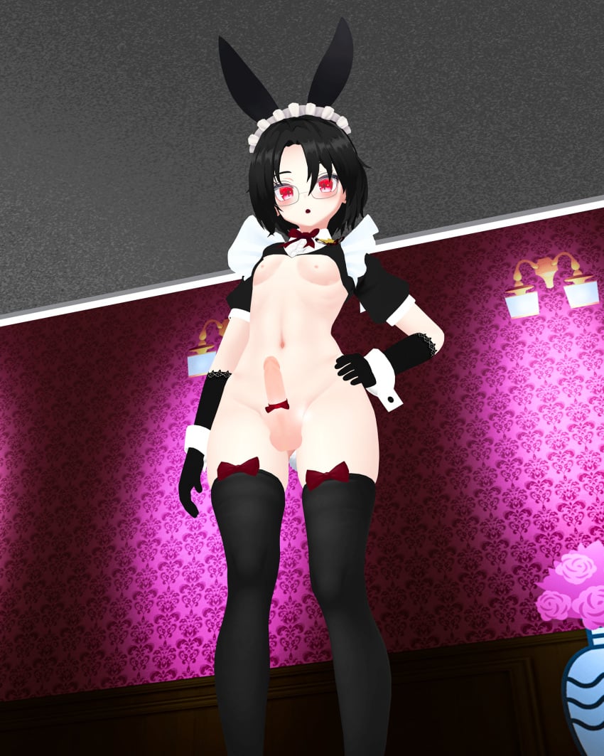 1boy 3d 3d_(artwork) :o black_gloves black_hair black_legwear center_frills erect_penis femboy flower glasses gloves indoors lace_gloves maid maid_cleve maid_headdress mansion otoko_no_ko penis pose red_bowtie red_eyes reverse_bunnysuit short_hair trap virtual_youtuber wrist_cuffs