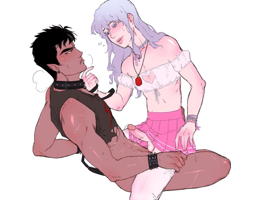 2boys berserk crossdressing erection femboy girly griffith guts_(berserk) haruhssment long_hair penis short_hair sitting skirt torn_clothes wet white_background yaoi