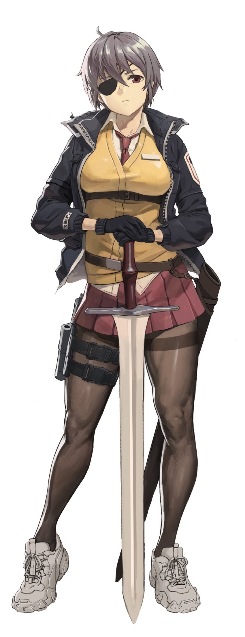 1girls big_breasts black_eyepatch black_gloves black_leggings breasts busty eyepatch female gloves grey_jacket gun holster holstered_pistol jacket leggings long_sword necktie oooz5032 pantyhose pink_skirt pistol red_necktie simple_background skirt sneakers solo solo_female sword sword_sheath tagme thigh_belt vest white_background white_sneakers yellow_vest