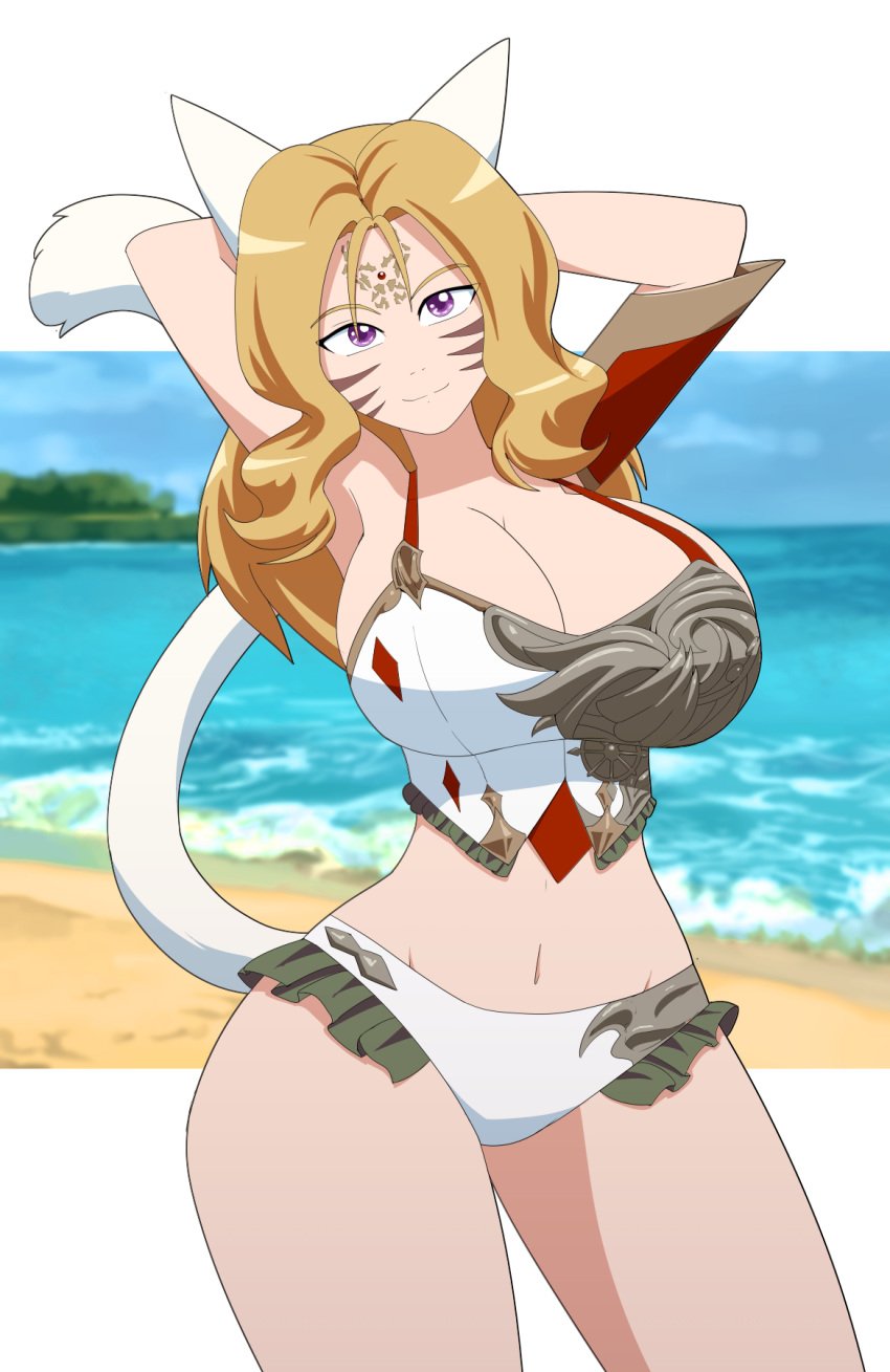 2d 2d_(artwork) 2d_artwork armpits arms_behind_back arms_up beach beach_background big_boobs big_breasts blonde_female breasts breasts_bigger_than_head cat_ears cat_tail female kojiro-brushard large_breasts linegutter tagme