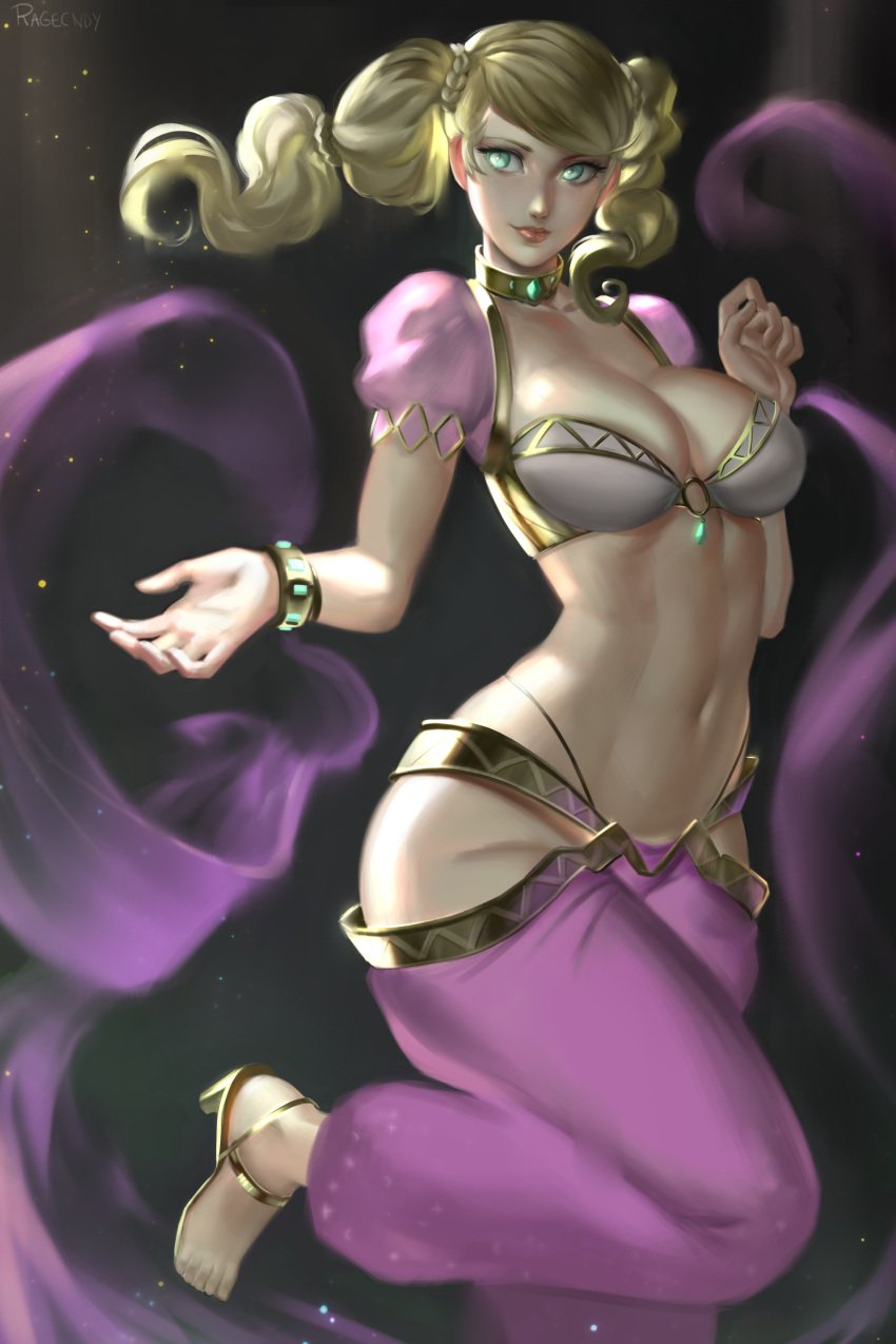 1girls absurd_res absurdres alternate_costume ann_takamaki aqua_eyes arabian_clothes artist_name athletic_female blonde_female blonde_hair blue_eyes bra bracelet breasts choker cleavage curvy curvy_female dancer dancer_outfit earrings feet female female_only gold_trim green_eyes harem_outfit hi_res highres jewelry large_breasts looking_to_the_side medium_breasts middle_eastern_clothing midriff navel persian_clothing persona persona_5 persona_5:_dancing_star_night ragecndy sandals shawl smile solo thick_ass thick_thighs toes toned_female toned_stomach turkish_clothing twintails underwear