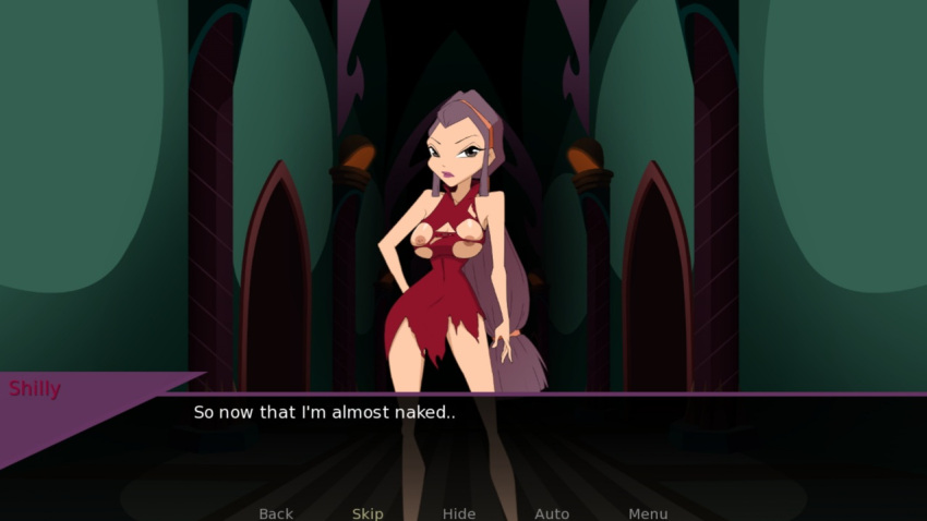 breasts_out cloud_tower_witch corridor dialogue human juiceshooters nipples red_dress ripped_clothing ripped_dress shilly_(winx_club) text torn_clothes winx_club