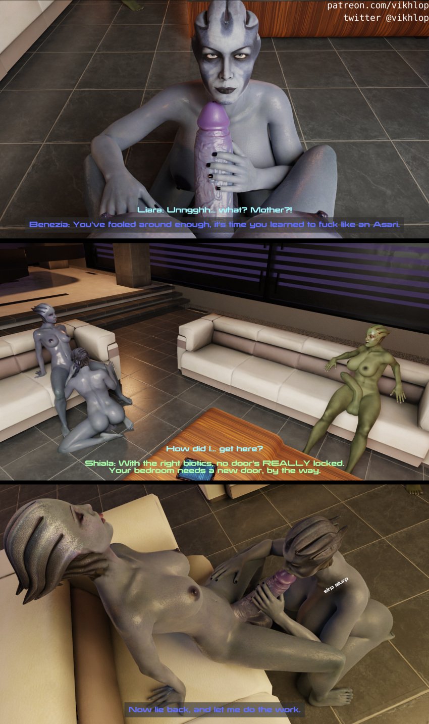 3d asari asari_futanari belly_bulge blender comic comic_page cum_in_ass cum_on_face english_text futa_on_futa futanari huge_cock incest liara_t'soni mass_effect matriarch_benezia self_upload shiala tagme text vikhlop