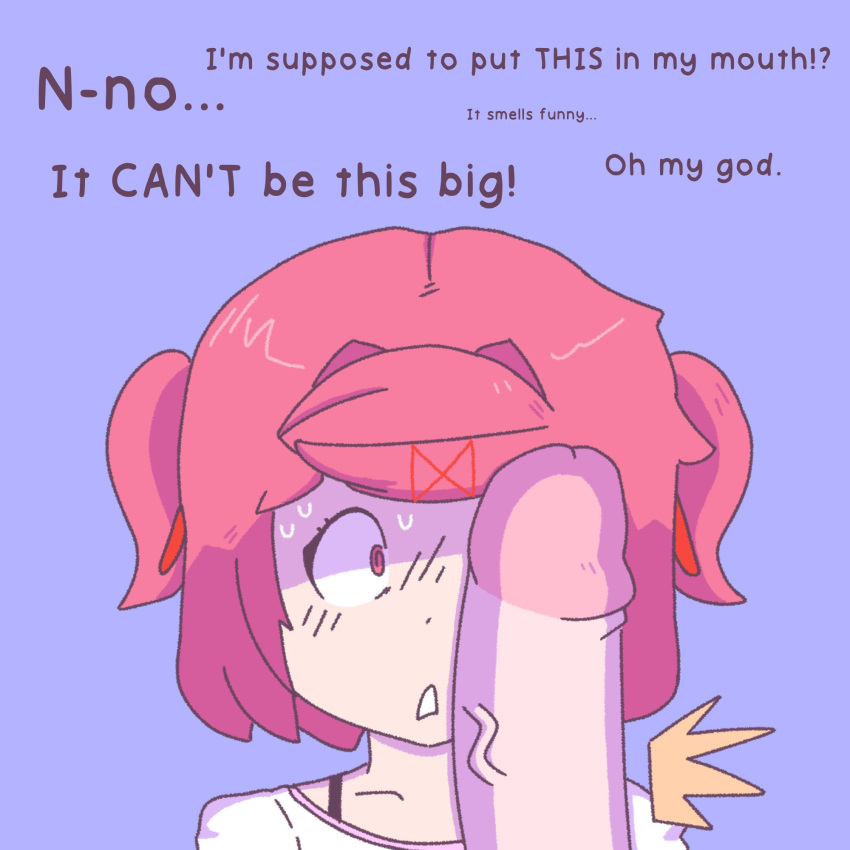 1boy 1girls big_penis black_bra_straps bra_strap catswillmeow doki_doki_literature_club english_text female human male midiclips natsuki_(doki_doki_literature_club) penis penis_awe pink_eyes pink_hair size_talk source_deleted text twintails uncensored