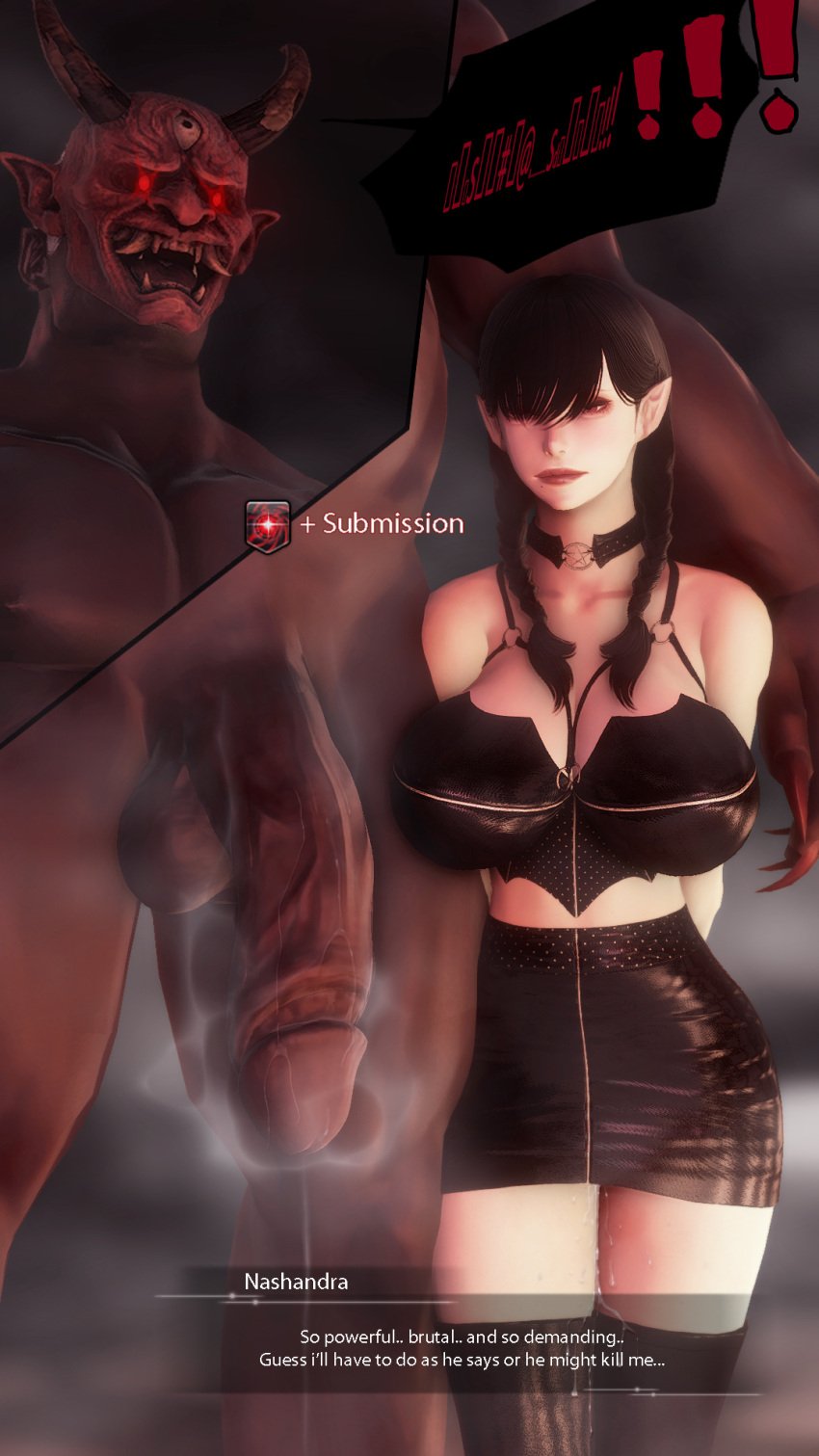 3d black_hair choker dark-skinned_male dominant_male dripping_pussy elf_ears english_text final_fantasy final_fantasy_xiv goth goth_girl gpose(ffxiv) huge_cock interracial latex_clothing monster_cock nashandra_nosferatu nashandraffxiv oni oni_horns pale pale-skinned_female pale_skin red_eyes square_enix submission submissive_female text turned_submissive vampire vampire_girl vampire_queen wet_pussy