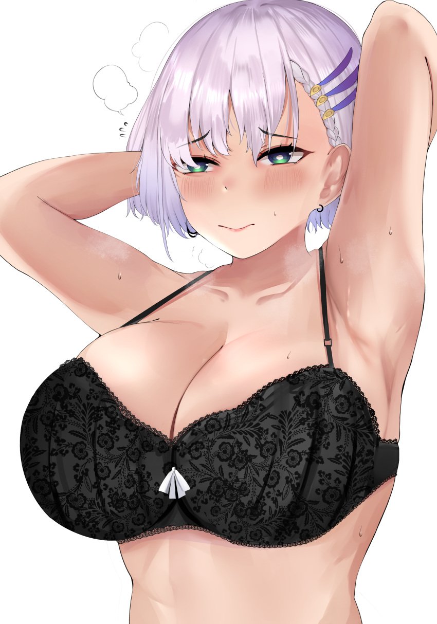 1girls 2022 armpits arms_up big_breasts black_bra bra breasts cleavage clef_(cferryanto) closed_mouth collarbone covered_nipples embarrassed female female_focus female_only green_eyes hololive hololive_indonesia hololive_indonesia_holoro looking_away mole mole_on_breast pavolia_reine short_hair simple_background solo solo_female steam steamy_breath sweat sweatdrop upper_body virtual_youtuber white_background