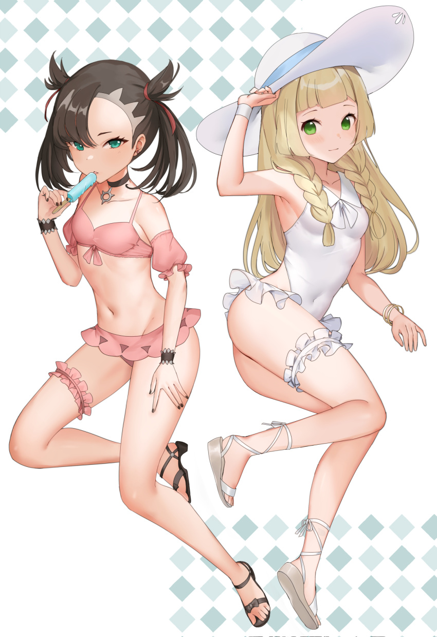 2girls alternate_costume ass bikini black_nails blonde_female blonde_hair feet full_body green_eyes haru_(nakajou-28) hat lillie_(pokemon) looking_at_viewer marnie_(pokemon) midriff nail_polish pokemon pokemon_sm pokemon_ss popsicle skintight swimsuit toes