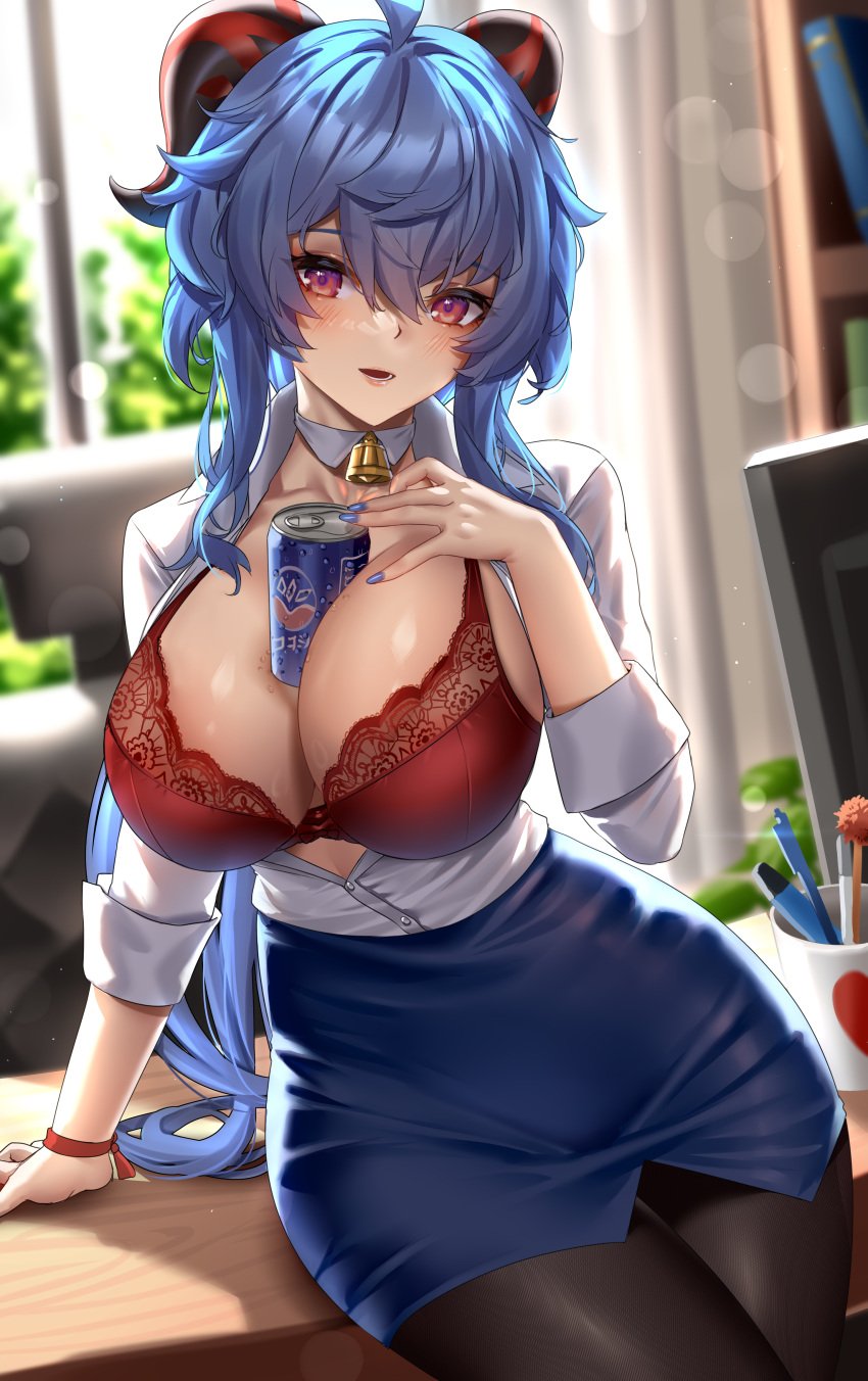 1girls 2022 ahoge blue_hair bra breasts cleavage clothed clothed_female drink enmanuelart20 female female_only ganyu_(genshin_impact) genshin_impact hi_res hips horns huge_breasts indoors large_breasts long_hair object_between_breasts office_lady panties pantyhose purple_eyes secretary slim_waist thick_thighs thighs white_panties wide_hips