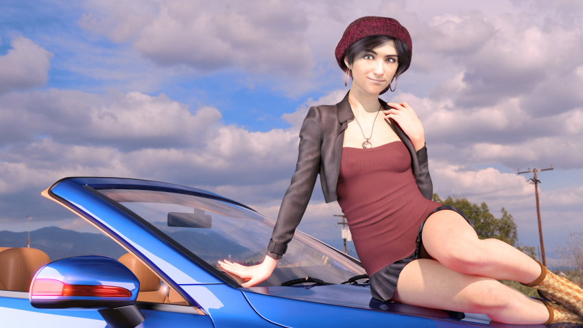 3d 3dx black_hair brownieless cgi convertible digital_media_(artwork) fanart green_eyes hat highway_runners jacket_open mercedes-benz nipple_bulge no_bra outdoors pendant photoshoot pubic_hair red_shirt retro sakirah sakirah_rodaun upskirt