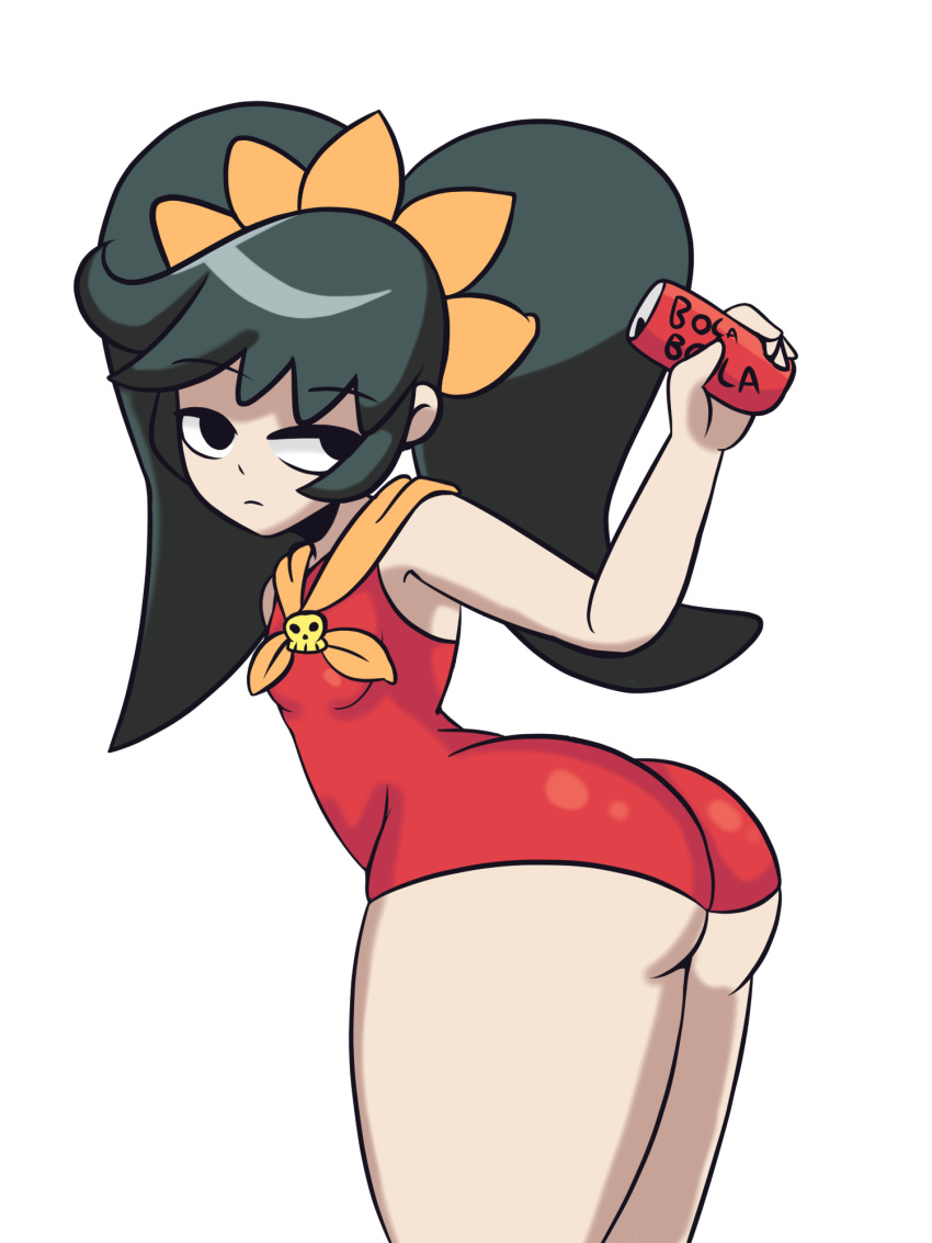 1girls ashley_(warioware) ass big_ass black_eyes black_hair breasts clothing female female_only flat_chest flat_chested holding holding_object huge_ass iggy-bomb mario_(series) one-piece_swimsuit red_swimsuit small_breasts soda soda_can solo solo_female swimwear thick_thighs thighs twintails warioware