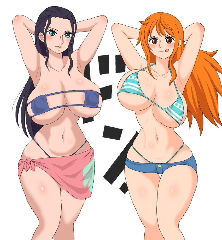 2girls big_breasts bikini female female_only jeans kurobuchi nami nami_(one_piece) nico_robin one_piece post-timeskip sarong shorts striped_bikini