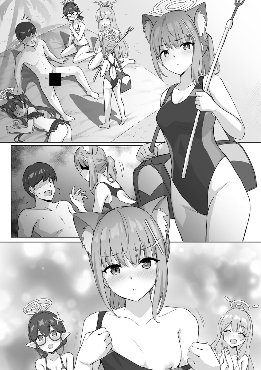 1boy ayane_(blue_archive) ayane_(swimsuit)_(blue_archive) black_and_white blue_archive blue_eyes grey_hair halo nonomi_(blue_archive) nonomi_(swimsuit)_(blue_archive) sensei_(blue_archive) serika_(blue_archive) serika_(swimsuit)_(blue_archive) shiroko_(blue_archive) shiroko_(swimsuit)_(blue_archive) tagme wolf_ears