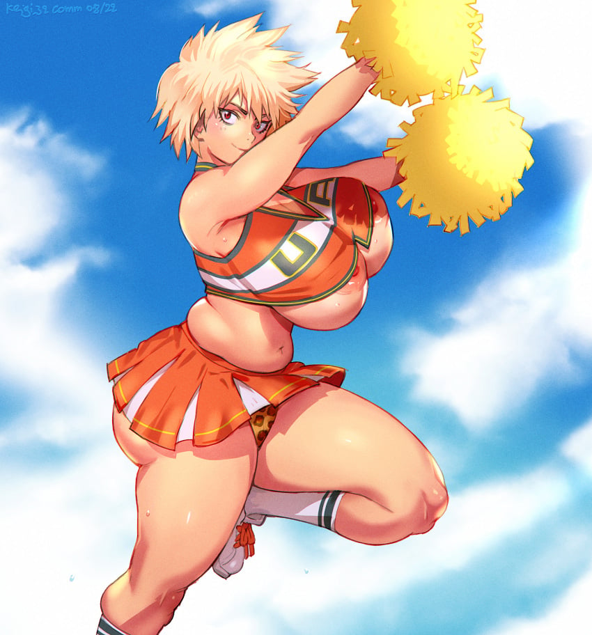 1girls animal_print areola_slip ass belly big_ass big_breasts blonde_female blonde_hair boku_no_hero_academia breast_slip breasts busty cheering cheerleader cheerleader_uniform clothing cloud cloudy_sky commission crop_top day female female_only from_side highres holding holding_pom_poms huge_breasts keigi_(artist) large_areolae large_breasts leg_up leopard_print looking_at_viewer mature_female milf miniskirt mitsuki_bakugou mother muffin_top my_hero_academia navel nipple_slip nipples no_bra orange_skirt panties pantyshot pleated_skirt pom_pom_(cheerleading) pom_poms print_panties red_eyes shoes short_hair shounen_jump skirt sky slightly_chubby sneakers socks solo spiked_hair standing standing_on_one_leg sweat thick_thighs thighs u.a._cheerleader_outfit underboob underbutt underwear white_socks wide_hips