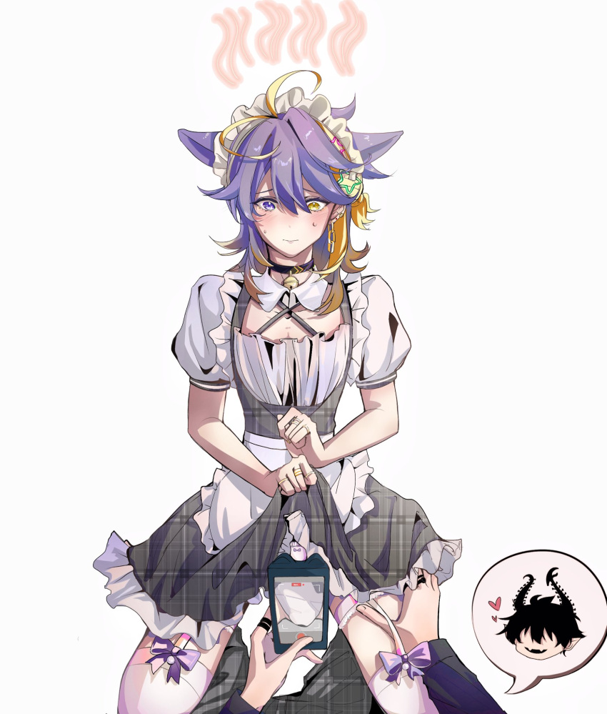 2boys aster_arcadia cat_ears crossdressing embarrassed exhibitionism femboy garter_straps gay heterochromia igu_meat lifting_skirt maid male nijisanji nijisanji_en panties ren_zotto taking_picture thighhighs two_tone_hair virtual_youtuber yaoi