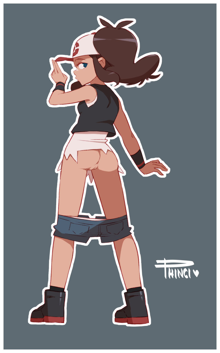 1girls ass brown_hair female hilda_(pokemon) looking_back pants_around_thighs pants_down phinci pokemon pussy shoes shorts shorts_down simple_background solo tagme