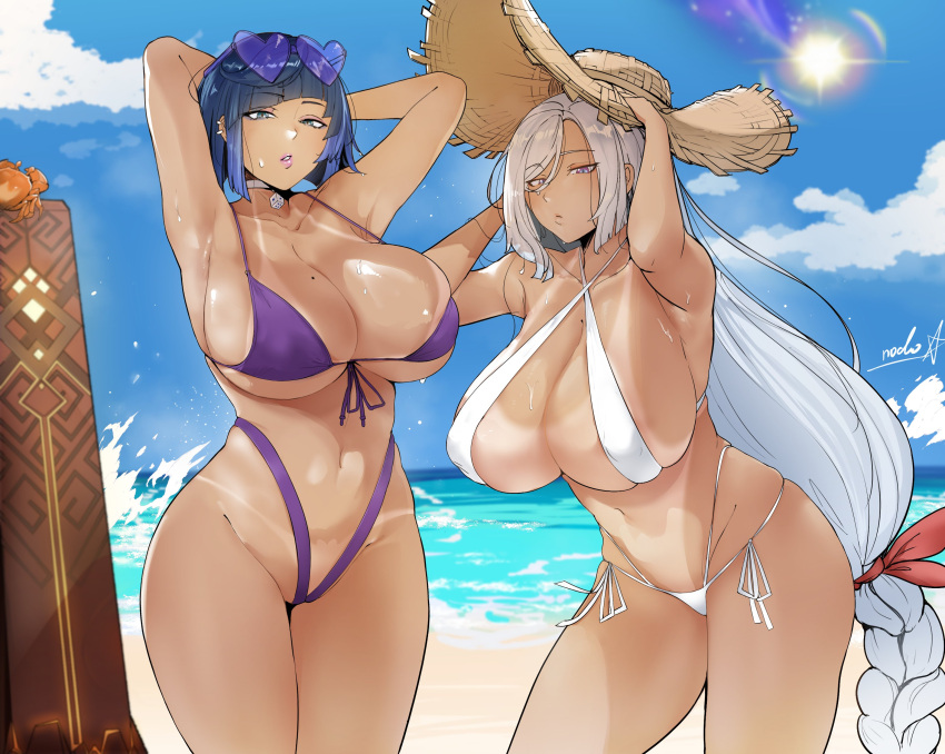 2022 2girls alternate_version_available armpits arms_up beach bikini black_hair blue_eyes blue_hair braided_hair breasts female female_only genshin_impact green_eyes hair_over_one_eye hat hips huge_breasts large_hat long_hair outdoors purple_bikini puzenketsu shenhe_(genshin_impact) short_hair slim_waist sun_hat tan tan-skinned_female tanline tanlines tanned_skin thick_thighs thighs two_tone_hair white_bikini white_hair wide_hips yelan_(genshin_impact)