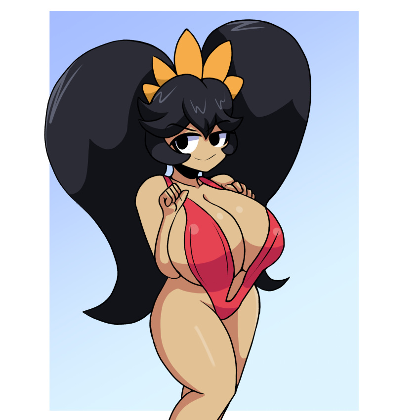 1girls aged_up ashley_(warioware) big_breasts bikini black_eyes black_hair breasts cleavage female female_only headwear huge_breasts iggy-bomb mario_(series) red_bikini red_sling_bikini shortstack sling_bikini smile solo solo_female swimsuit swimwear thick_thighs thighs twintails warioware