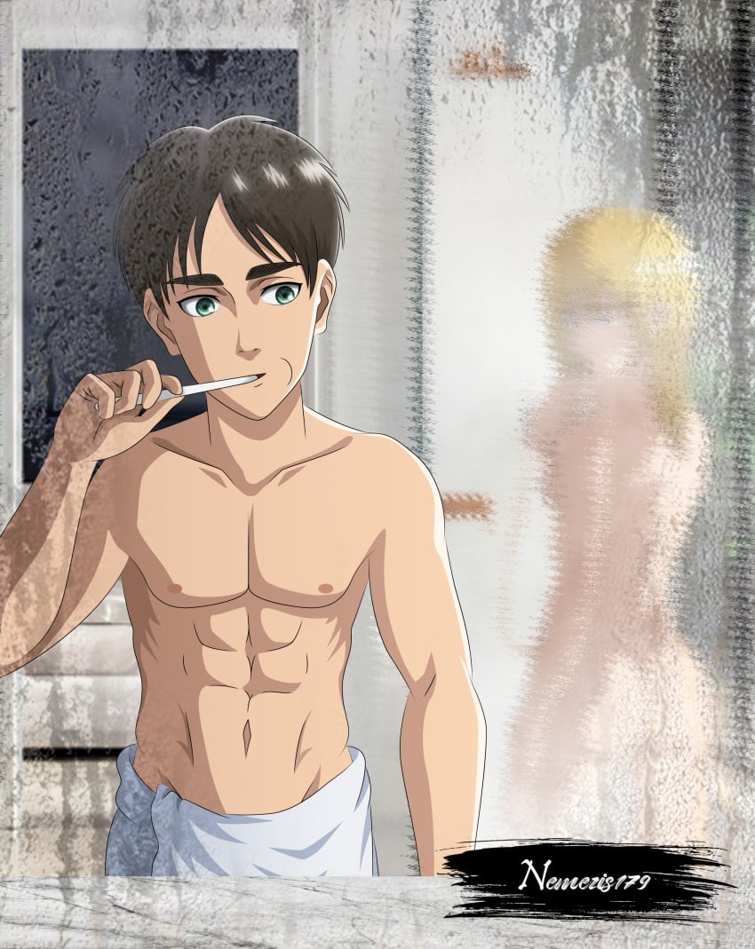 1boy athletic_male attack_on_titan bathroom blonde_hair brown_hair brushing_teeth christa_lenz completely_nude_female erehisu eren_jaeger high_resolution historia_reiss looking_at_partner male mirror morning_after nemesis179 nude_female shingeki_no_kyojin shower steam towel_around_waist