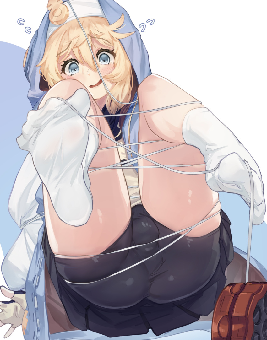 1boy ass backsack balls blonde_hair blue_eyes blush bridget bulge eye_contact feet guilty_gear guilty_gear_strive high_resolution jmori44 looking_at_viewer male male_only mocomori penis_bulge shorts skirt socks solo solo_male thick_thighs yo-yo