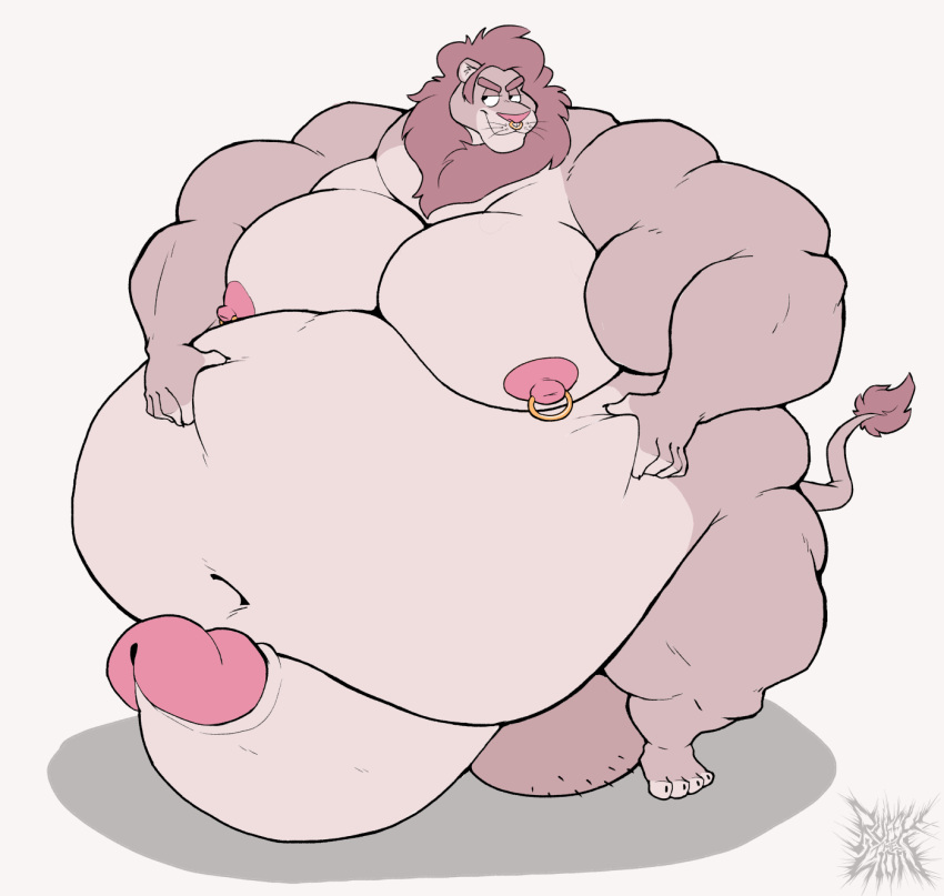 4_toes 5_fingers anthro balls belly belly_grab bhm big_balls big_belly big_muscles big_nipples big_pecs big_penis feet felid fingers genitals hands_on_belly hi_res huge_balls huge_cock huge_muscles hyper hyper_balls hyper_belly hyper_genitalia hyper_muscles hyper_penis lion love_handles male mammal mane musclegut muscular muscular_anthro muscular_male narrowed_eyes navel nipple_piercing nipples overweight overweight_male pantherine pecs penis piercing pink_nipples pink_nose pink_penis ruffy_(ruffythelion) ruffythelion simple_background solo toes whiskers white_background