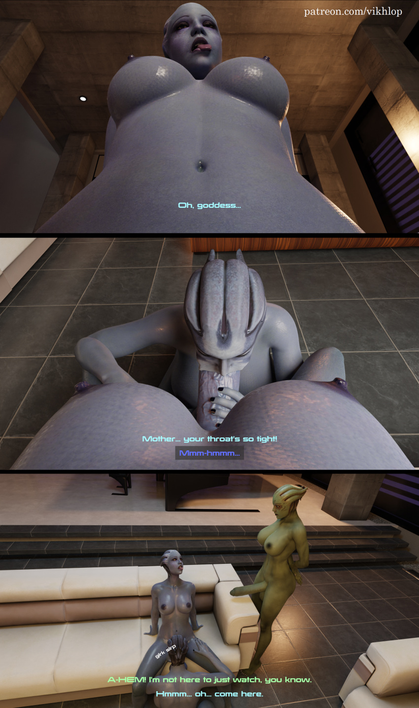 3d asari asari_futanari belly_bulge blender comic comic_page cum_in_ass cum_on_face english_text futa_on_futa futanari huge_cock incest liara_t'soni mass_effect matriarch_benezia self_upload shiala tagme text vikhlop