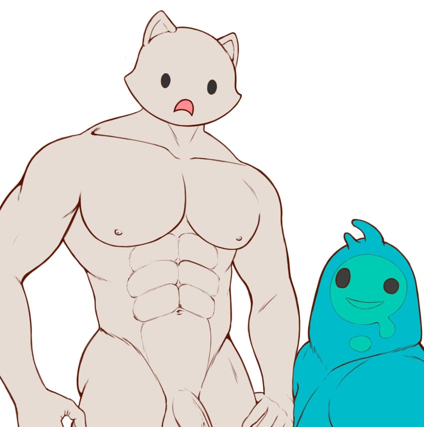 2022 2boys abs anthro blue_body domestic_cat duo epic_games felid feline felis fortnite garyotake gay genitals goo_creature goo_humanoid goofy_ahh_facial_expression grey_body grey_nipples grey_penis highres humanoid looking_at_viewer male male/male male_only mammal meowscles_(fortnite) navel nipples nude open_mouth open_smile pecs penis rippley simple_background smile standing unfinished white_background yaoi