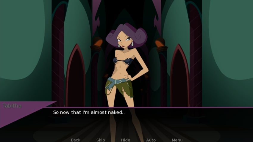 cloud_tower_witch corridor dialogue hand_on_hip juiceshooters ripped_clothing ripped_skirt tabitha_(winx_club) text winx_club