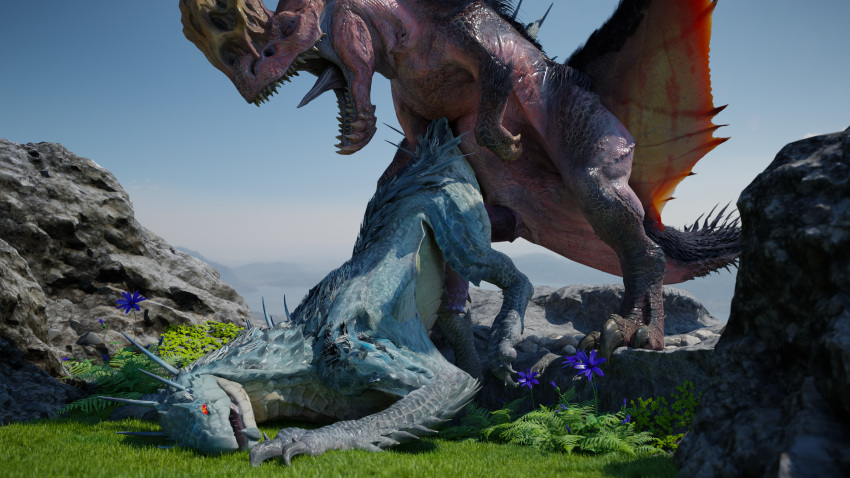 absurd_res anal anal_sex anjanath ass_up blender_(software) blender_cycles brute_wyvern capcom doggy_style duo erection fanged_wyvern feral feral_on_feral from_behind_position genitals hi_res huge_filesize integlol looking_pleasured lying male male/male monster_hunter on_front open_mouth penetration penis scales scalie sex tobi-kadachi video_games