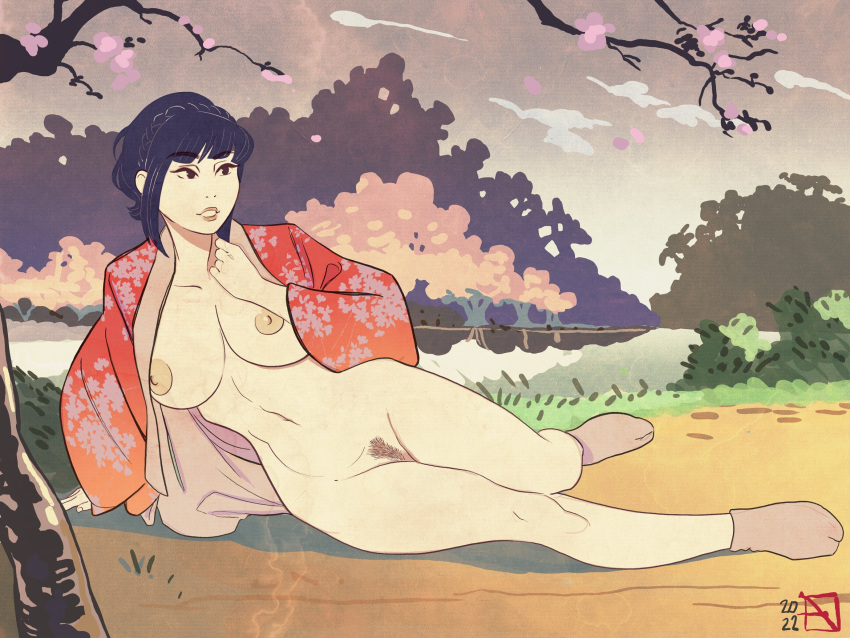 background black_hair gardnerverse kimono koto_ishikawa large_breasts ndasfw nipples painted partially_clothed pin_up pubic_hair socks