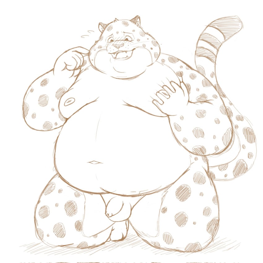 1boy 2022 anthro balls belly benjamin_clawhauser big_belly cheetah disney fat fat_man felid feline flaccid genitals gomdepp hi_res humanoid_genitalia humanoid_hands humanoid_penis kemono male male_only mammal monochrome moobs navel nipples obese obese_male overweight overweight_male penis simple_background solo zootopia