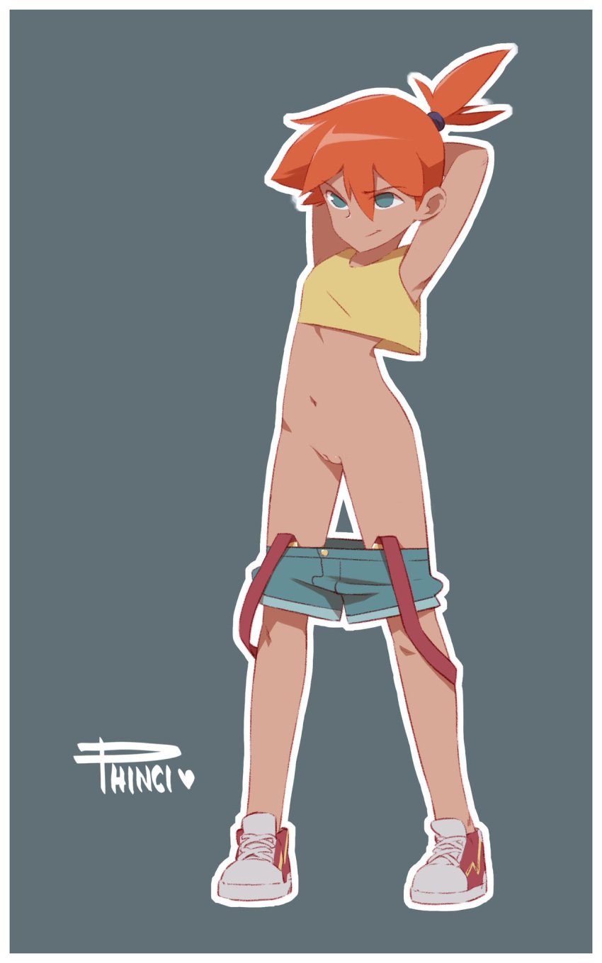 1girls arms_up blue_eyes denim_shorts female female_only kasumi_(pokemon) lowered_pants no_panties phinci pokemon pussy red_hair shoes shorts shorts_down showing_off small_breasts small_shirt smirk solo tagme undressing yellow_shirt