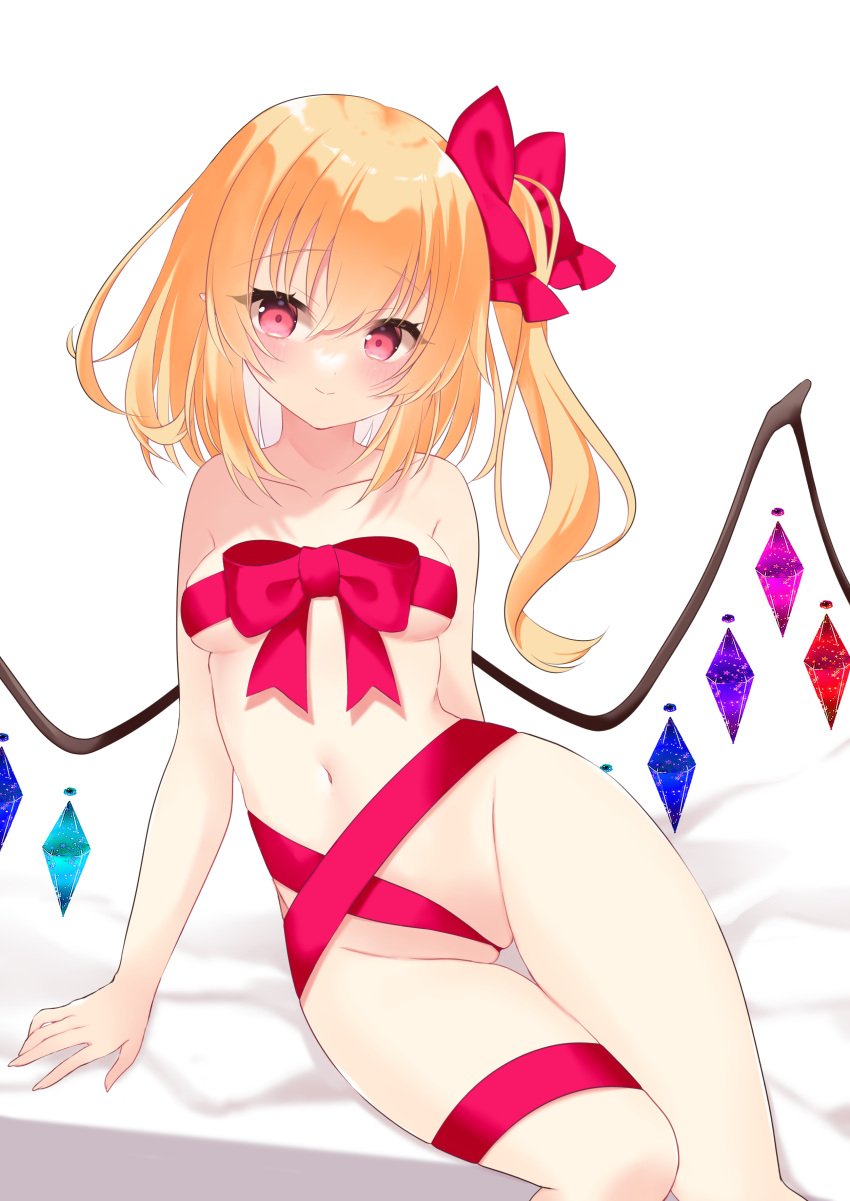 absurdres arm_support bangs blonde_female blonde_hair blush bow breasts collarbone crystal feet_out_of_frame female flandre_scarlet groin hair_between_eyes highres knees_together_feet_apart leaning_to_the_side long_hair looking_at_viewer naked_ribbon navel no_headwear on_bed one_side_up pink_eyes red_bow red_ribbon ribbon simple_background small_breasts smile solo thigh_gap thighs tosakaoil touhou wedgie white_background wings