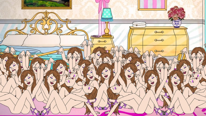 33girls 6+girls arms_up blue_eyes bojack_horseman brown_hair clone clonecest clones eyeliner high_heels multiple_girls sarah_lynn scissoring selfcest tribadism yuri